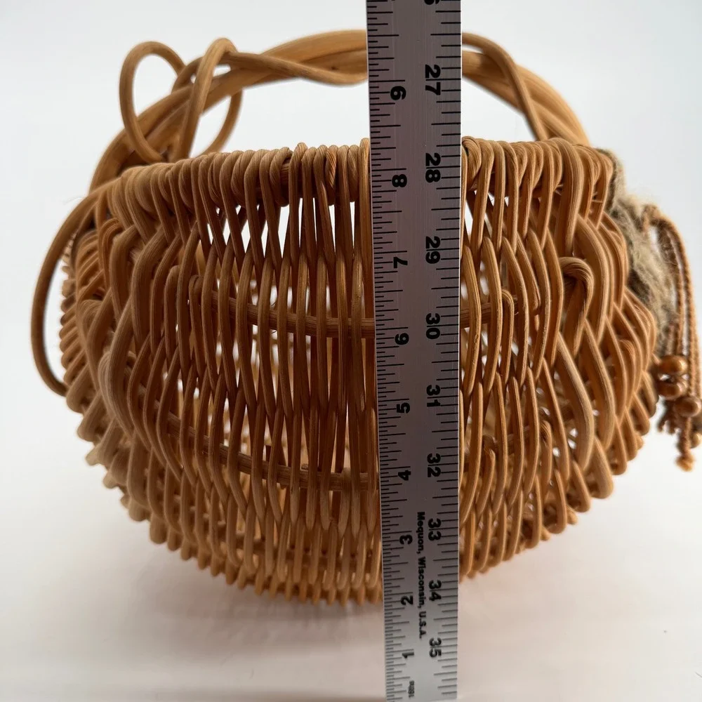 Vintage Woven Rattan Wicker Basket Twisted Handle Beaded Tassel Cottage Boho